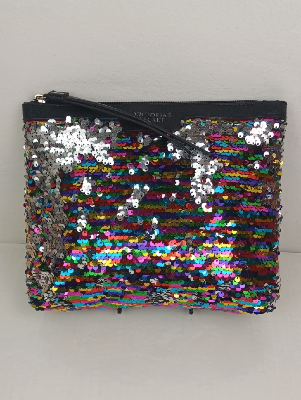 Victoria's Secret Rainbow Sequin Wristlet Clutch with Silver Accents & VS Logo